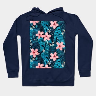 Moody Tropical Pattern in Cyan and Sapphire with Pink Hoodie